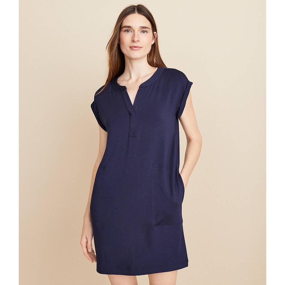 Lou & Grey Navy Blue Knit T-Shirt Dress Short Sleeve Pockets Women's Medium